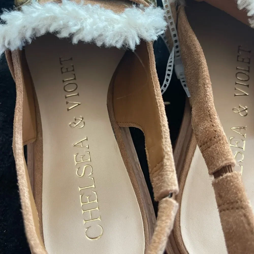 Chelsea & Violet tan suede sling‎ back mules, new without tags, size 7